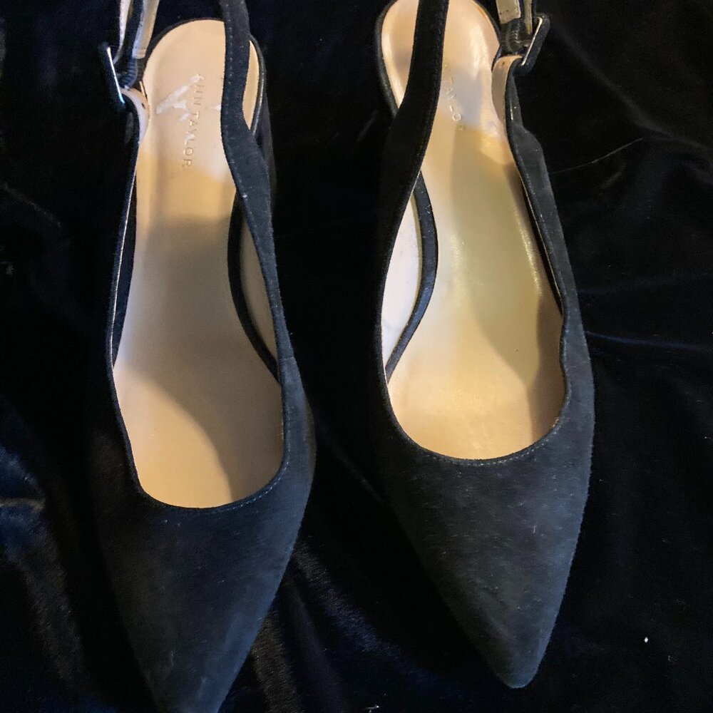 Ann Taylor Black Suede Block Heel Slingback Women Shoes
